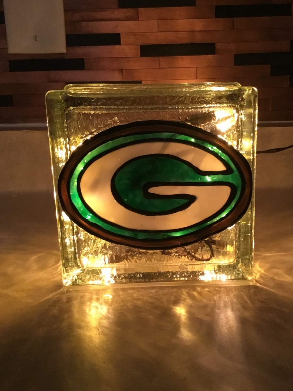 New Hand Painted Stained glass Green Bay Packers Light up Block